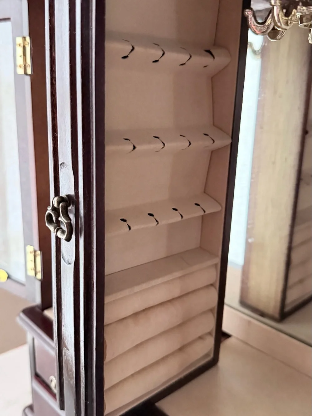 Wooden Mirrored Jewelry Cabinet in Deep Mahogany jewelry